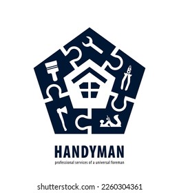 Handyman concept in blue. Professional services of a universal foreman. Workshop, repairman services, carpenter, any type of repair of home: hammer, pliers, wrench, paint roller. Vector EPS10.