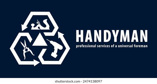 Concepto de Handyman en azul. Profesional de un capataz universal. Taller, servicios de reparador, carpintero, cualquier tipo de reparación de hogar: taladro, tijeras metálicas, plano. Vector EPS10.
