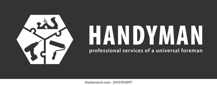 Handyman-Konzept auf Grau. Professionelle Dienstleistungen eines universellen Vorarbeiters. Werkstatt, Werkstatt, Werkstatt, Werkstatt, Tischlerei, jede Art von Heimwerkerreparatur: Bohrer, Farbwalze, Verbindungsstück. Vektor EPS10.