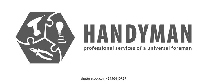 Handyman concept in gray. Professional services of a universal foreman. Workshop, repairman services, carpenter, any type of repair of home: drill, electricity, pliers. Vector EPS10.