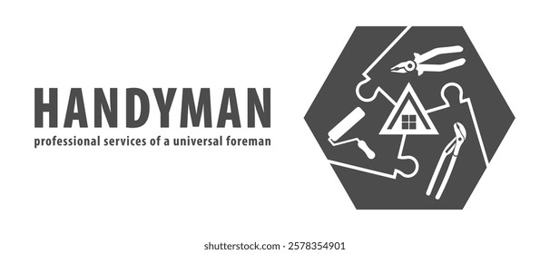 Handyman concept logo in gray. Professional services of a universal foreman. Workshop, repairman services, carpenter, any type of repair of home: wrench, paint roller, pliers. Vector EPS10.