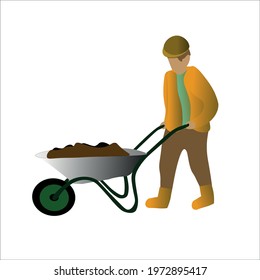 
a handyman at a construction site carries a wheelbarrow with waste