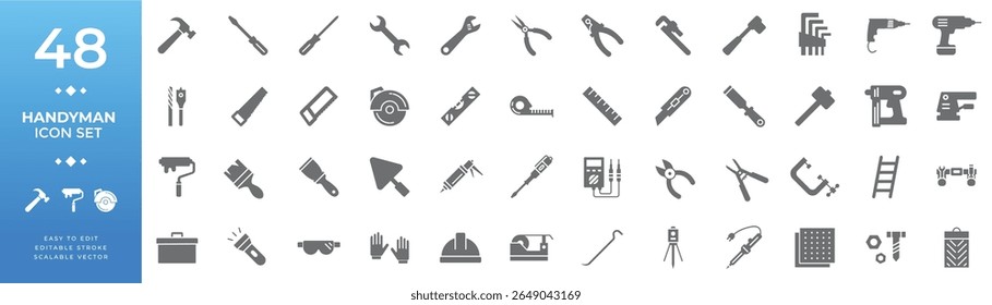 Handyman and construction tools filled icon set featuring essential instruments for repair, building, renovation, and home improvement work illustrations.