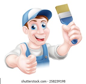 A handyman or decorator holding a paintbrush and doing a thumbs up