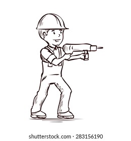 Handyman drill the wall. Hand drawn vector illustration.