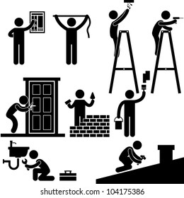 Handyman Electrician Locksmith Contractor Working Fixing Repair House Light Roof Icon Symbol Sign Pictogram