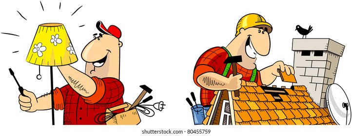 Handyman electrician, Handyman roofer. The series of the handyman cartoon character