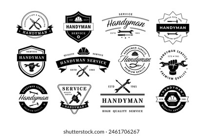 Handyman emblem. Vintage high quality service badges, professional workshop label vector template set of emblem handyman or repair service illustration