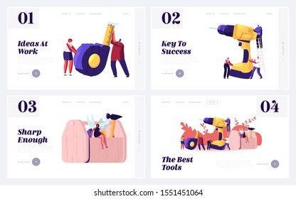 Handyman Engineering Occupation Website Landing Page Set. Architect or Engineer Workers Characters Holding Huge Instruments for Home Renovation Works Web Page Banner. Cartoon Flat Vector Illustration