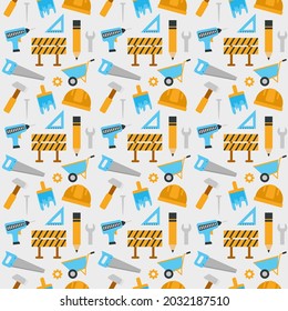 Handyman Equipment Seamless Pattern Background, Construction Repair Working Tools Collection , Builder Helmet, Saw, Hammer, Nail, Drill, Wrench Pencils, Ruler, Barrier Board, Paint Brush, Barrow
