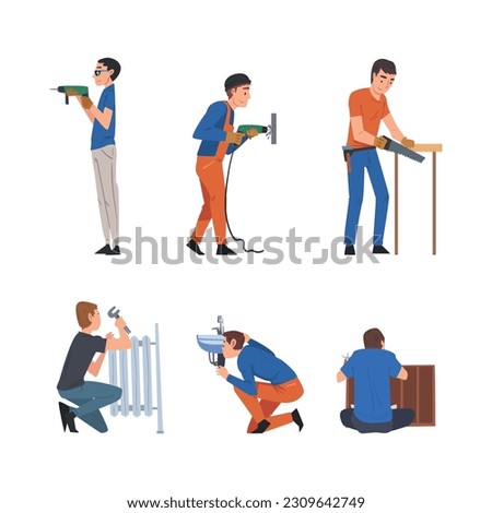 Handyman or Fixer as Skilled Man Engaged in Home Repair Work Vector Set