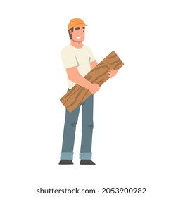 Handyman or Fixer as Skilled Man in Hard Hat Carrying Wooden Plank Engaged in Home Repair Work Vector Illustration