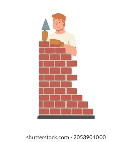 Handyman Or Fixer As Skilled Man Laying Bricks Engaged In Home Repair Work Vector Illustration