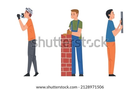 Handyman or Fixer as Skilled Man Laying Bricks and with Pliers Engaged in Home Repair Work Vector Set