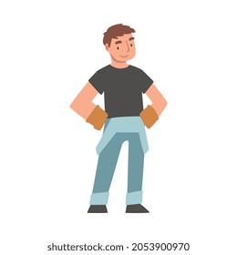 Handyman or Fixer as Skilled Man in Overall and Gloves Engaged in Home Repair Work Vector Illustration