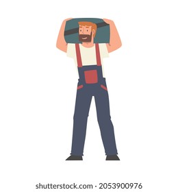 Handyman or Fixer as Skilled Man in Overall Carrying Box Engaged in Home Repair Work Vector Illustration