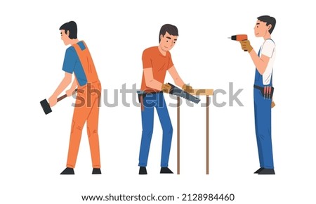 Handyman or Fixer as Skilled Man with Saw and Hammer Engaged in Home Repair Work Vector Set