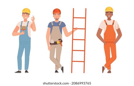 Handyman or Fixer as Skilled Man Wearing Overall Holding Ladder and Brush Engaged in Home Repair Work Vector Set