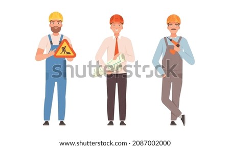 Handyman or Fixer as Skilled Man Wearing Overall Holding Drill and Draft Engaged in Home Repair Work Vector Set