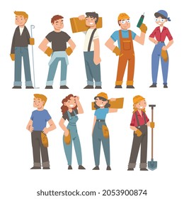 Handyman or Fixer as Skilled Man and Woman Engaged in Home Repair Work Vector Set