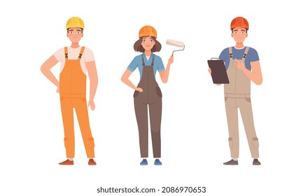 Handyman or Fixer as Skilled Man and Woman Wearing Overall Holding Paint Roller and Clip Board Engaged in Home Repair Work Vector Set