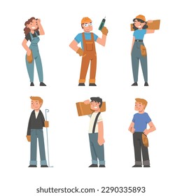 Handyman or Fixer as Skilled Man and Woman Engaged in Home Repair Work Vector Set