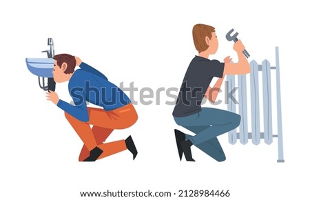 Handyman or Fixer as Skilled Man with Wrench Engaged in Radiator and Plumbing Repair Work Vector Set