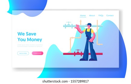 Handyman Fixing Broken Technics and Sanitary at Home Website Landing Page. Plumber Worker Character with Wrench Tool Wearing Overalls Fix Pipes System Web Page Banner. Cartoon Flat Vector Illustration