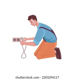 Handyman fixing socket at home, chores and repairs. Isolated male character with instruments wearing uniform doing renovations. Vector in flat cartoon style