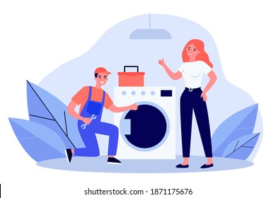 Handyman fixing washing machine. Repairman in overall with tools and female client flat vector illustration. Home appliance maintenance concept for banner, website design or landing web page