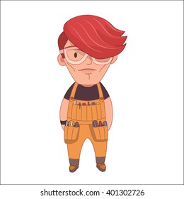 Handyman, flat cartoon vector illustration, a young red haired worker man wearing glasses and an overalls with tool pockets