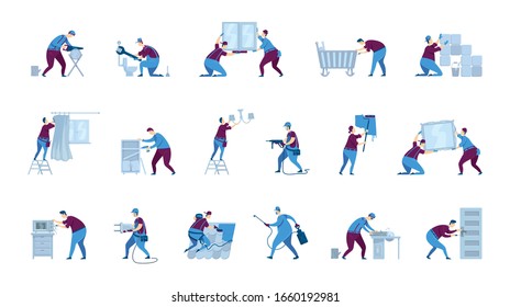 Handyman flat color vector faceless characters set. Handyperson DIYs. Professional workers. Repairman for house improvement. Home repairs isolated cartoon illustrations on white background