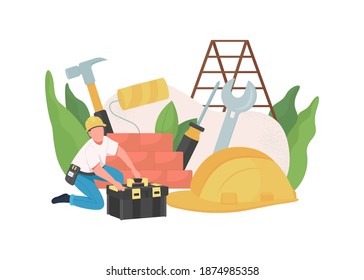 Handyman flat concept vector illustration. Service worker. Repairman profession. Builder job. Engineer with tools. Home master 2D cartoon character for web design. House renovation creative idea