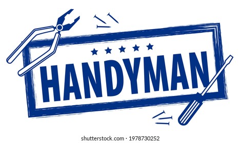 Handyman.  High quality service logo in blue.  Stamp rubber of handyman service on white background. Set of repair tools or your web site design, app, UI.  EPS10.  