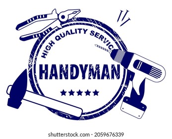 Handyman.  High quality service logo in blue.  Stamp of handyman service on white background. Set of repair tools for your web site design,  app, UI. Stock vector.  EPS10.