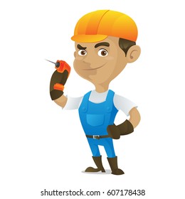 Handyman holding drill isolated in white background