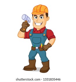 Handyman holding hammer cartoon illustration, can be download in vector format for unlimited image size