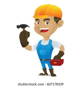 Handyman holding hammer and toolbox isolated in white background