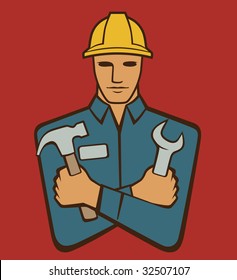 Handyman holding hammer and wrench