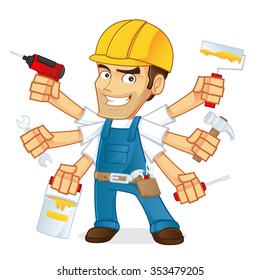 handyman holding multiple tools