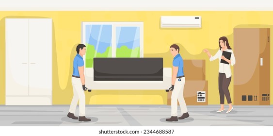 Handyman holding sofa, moving couch into flat, furniture delivery, house renovation, indoor interior, apartment, people, room, service, relocation, package, transportation. Vector illustration.