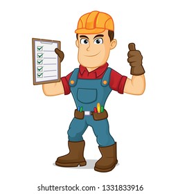 Handyman holding task list cartoon illustration, can be download in vector format for unlimited image size