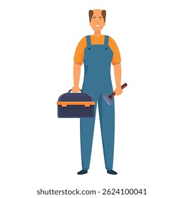 Handyman is holding a toolkit and a hammer, ready to tackle any home repair