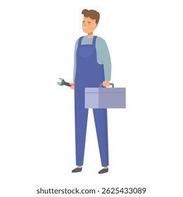 Handyman is holding a wrench and a toolbox, ready to start a new job