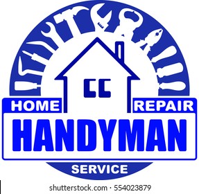 Handyman home repair services. Round vector design for your logo or emblem with home and set of workers tools. There are wrench, screwdriver, hammer, pliers, scrap. Blue gamma.