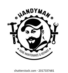 Handyman icon, emblem and design elements. Silhouettes of tools. Carpentry, plumbing and repairs related vector vintage illustration.