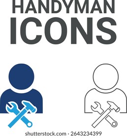 Ícones Handyman, ícones Line art contendo correção, casa e reparação de carro, manutenção, caixa de ferramentas e ícones de serviço de reparador. Coleção de ícones do Solid. Ilustração vetorial.