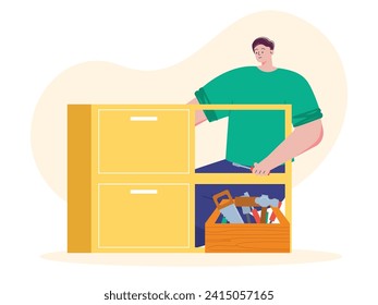 Handyman installing cabinet with many tools, woodwork at home. Character design. Vector flat illustration