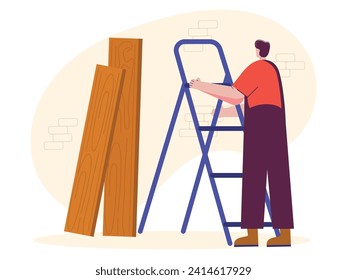 A handyman is installing wood using a ladder, repairing a house. Character design. Vector flat illustration