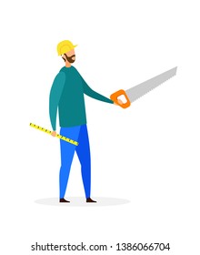 Handyman with Instruments Flat Vector Illustration. Craftsman in Hard hat Cartoon Character. Carpenter, Woodworker Profession. Builder in Helmet Holding Manual Saw and Ruler. Repairman Service